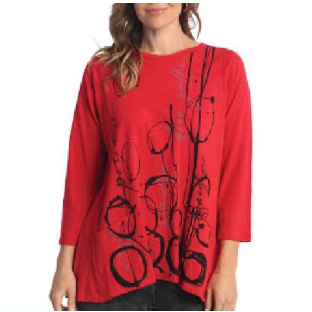 NEW Jess & Jane Red Abstract Graphic Print 3/4 Sleeve Cotton Tunic Top Small